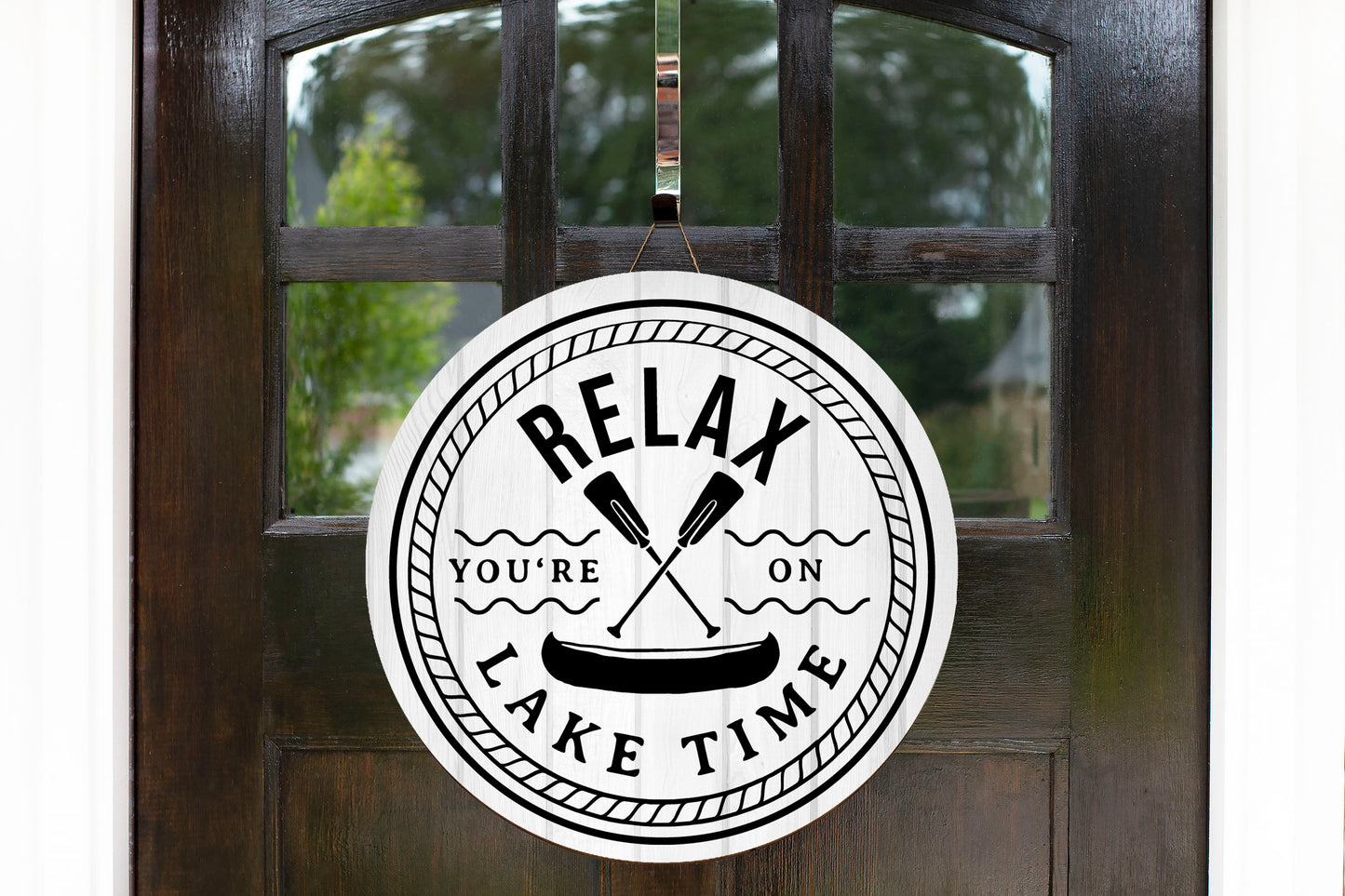 Relax Your On Lake Time Round Printed Handmade Wood Sign Farmhouse Door Hanger Wreath Sign