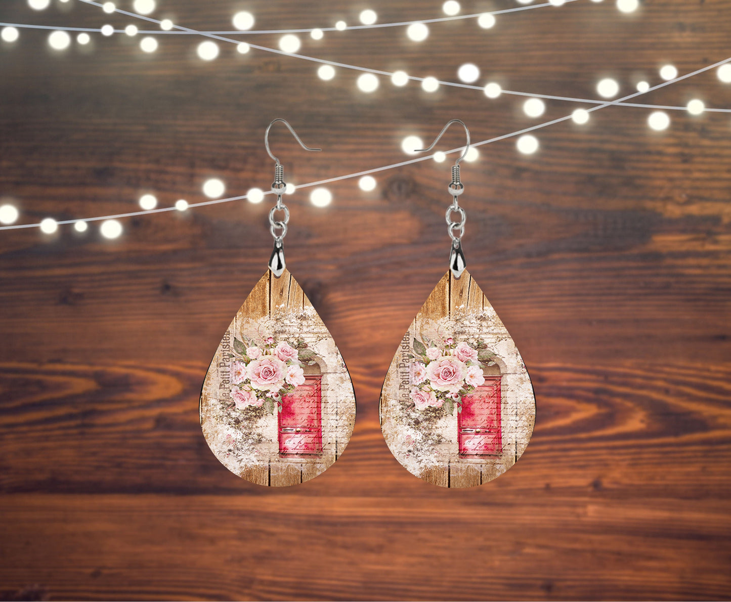 Red Floral Door Wood Print Tear Drop Dangle Printed Earrings Jewelry Handmade