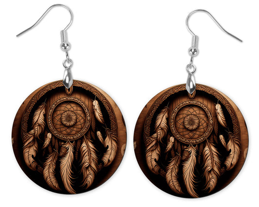 Woodgrain Dream Catcher Western Round Printed Wood Dangle Earrings Jewelry