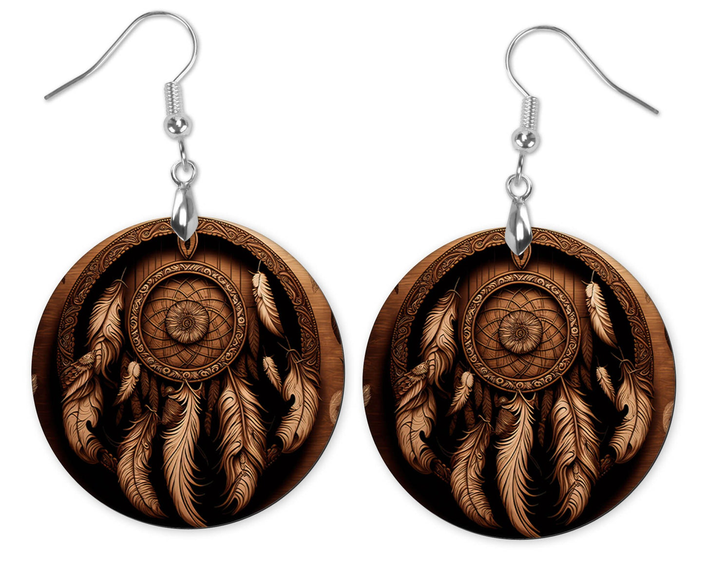 Pendientes colgantes de madera con estampado redondo occidental, atrapasueños, joyería