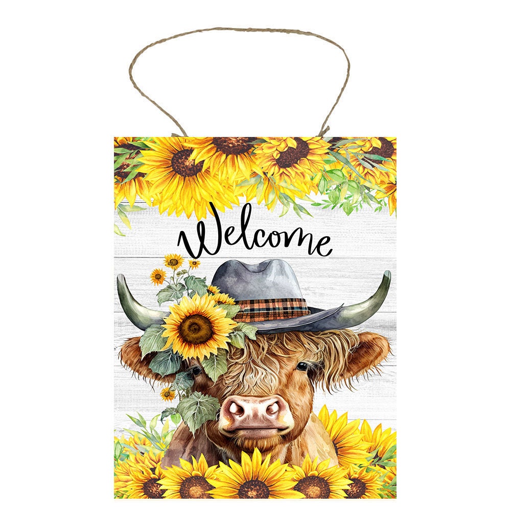 Bienvenido girasol Highland vaca granja decoración impreso hecho a mano madera signo puerta colgador signo