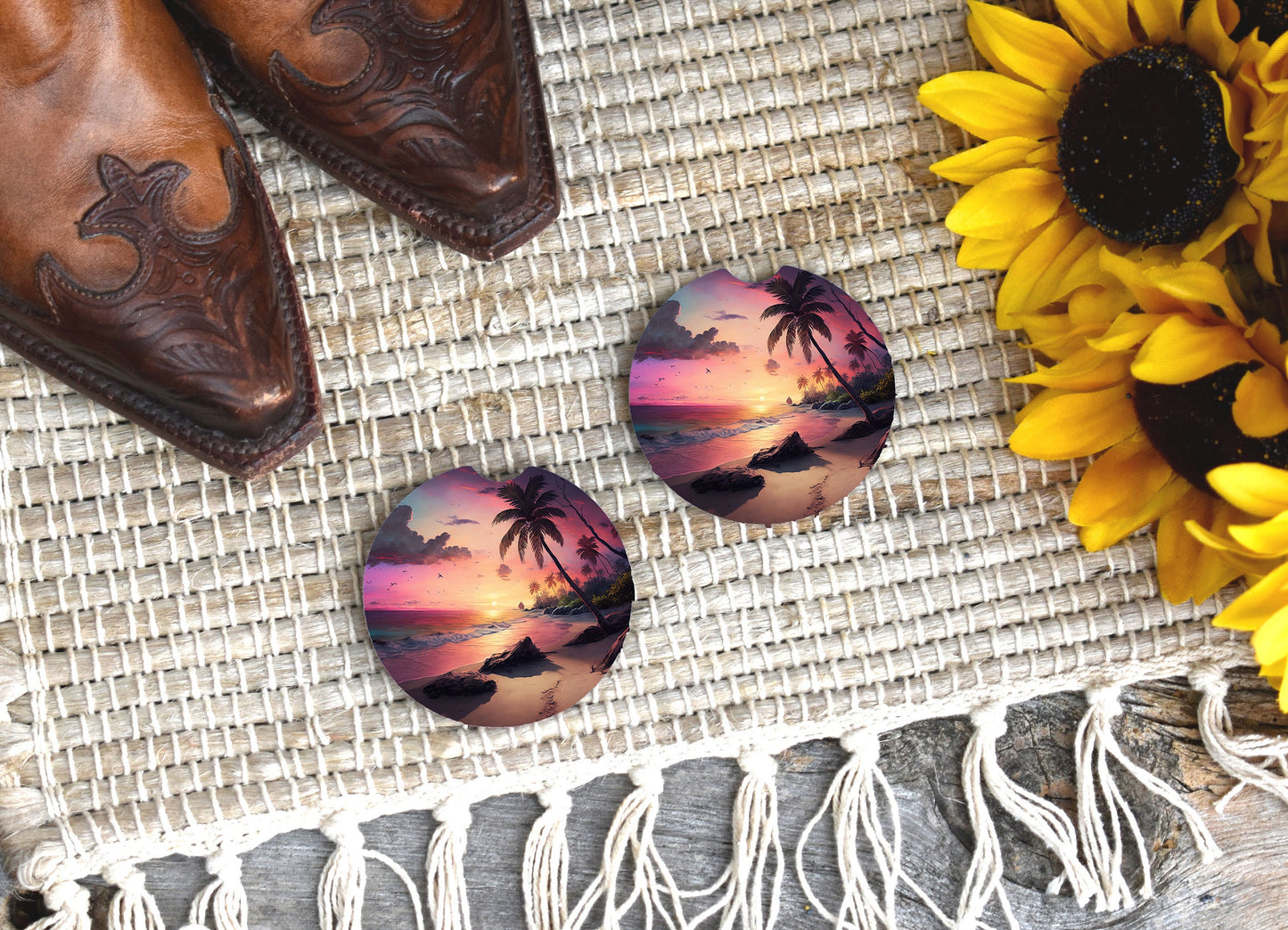 Set of 2 Sunset Beach Sandstone Car Coasters