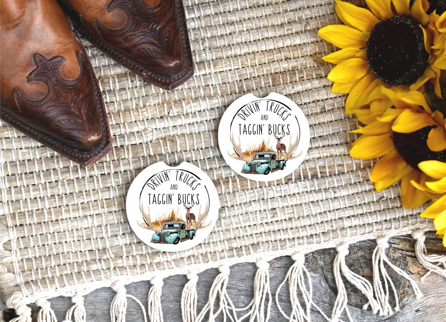 Set of 2 Drivin' Trucks and Taggin' Bucks Sandstone Car Coasters