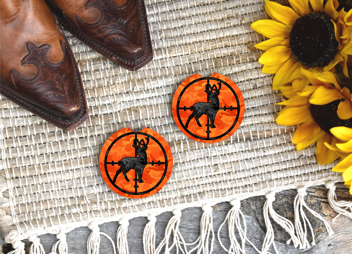Set of 2 Orange Camo Deer Bullseye Sandstone Car Coasters
