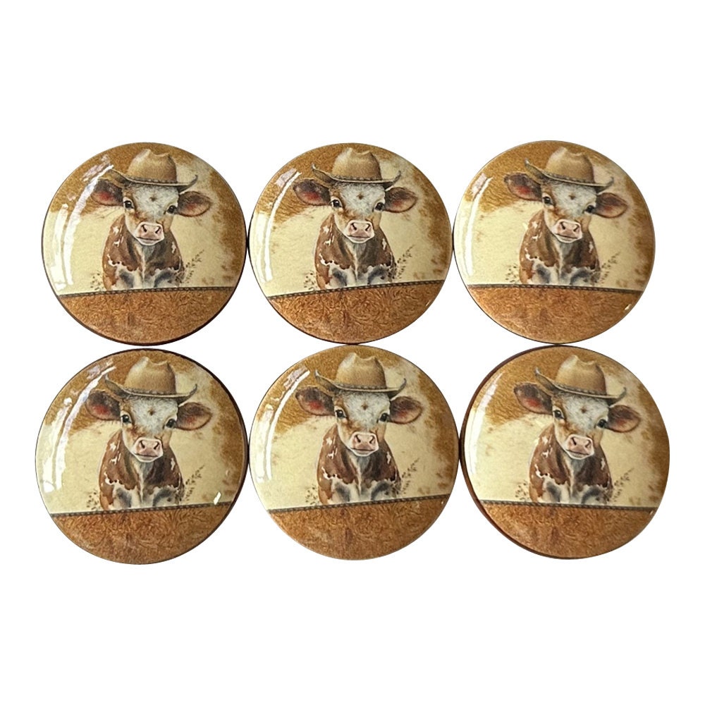 Set of 6 Cowboy Calf Cow Wood Cabinet Knobs, Kitchen Cabinet Knobs, Draw Knobs, Nursery Kids Room Decor, Western