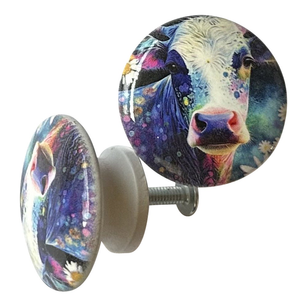 Set of 6 Cow in Blue Wood Cabinet Knobs, Kitchen Cabinet Knobs, Draw Knobs, Nursery Kids Room Decor, Western Farm Life
