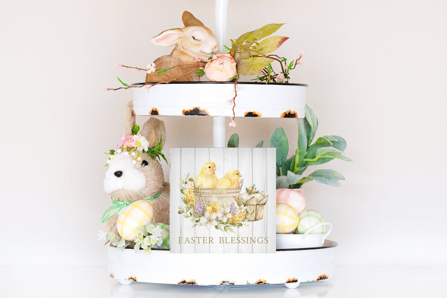 Easter Blessings Chicks Printed Handmade Wood Mini Sign, Tier Tray Decor, Farmhouse Sign