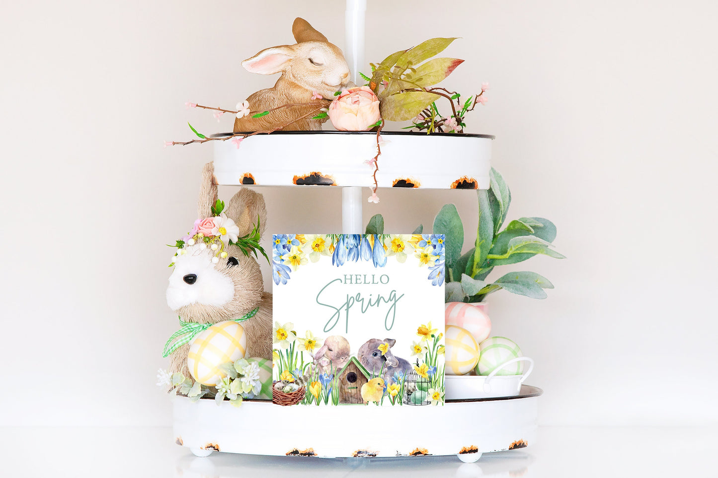 Hello Spring Rabbit Printed Handmade Wood Mini Sign, Tier Tray Decor, Farmhouse Sign