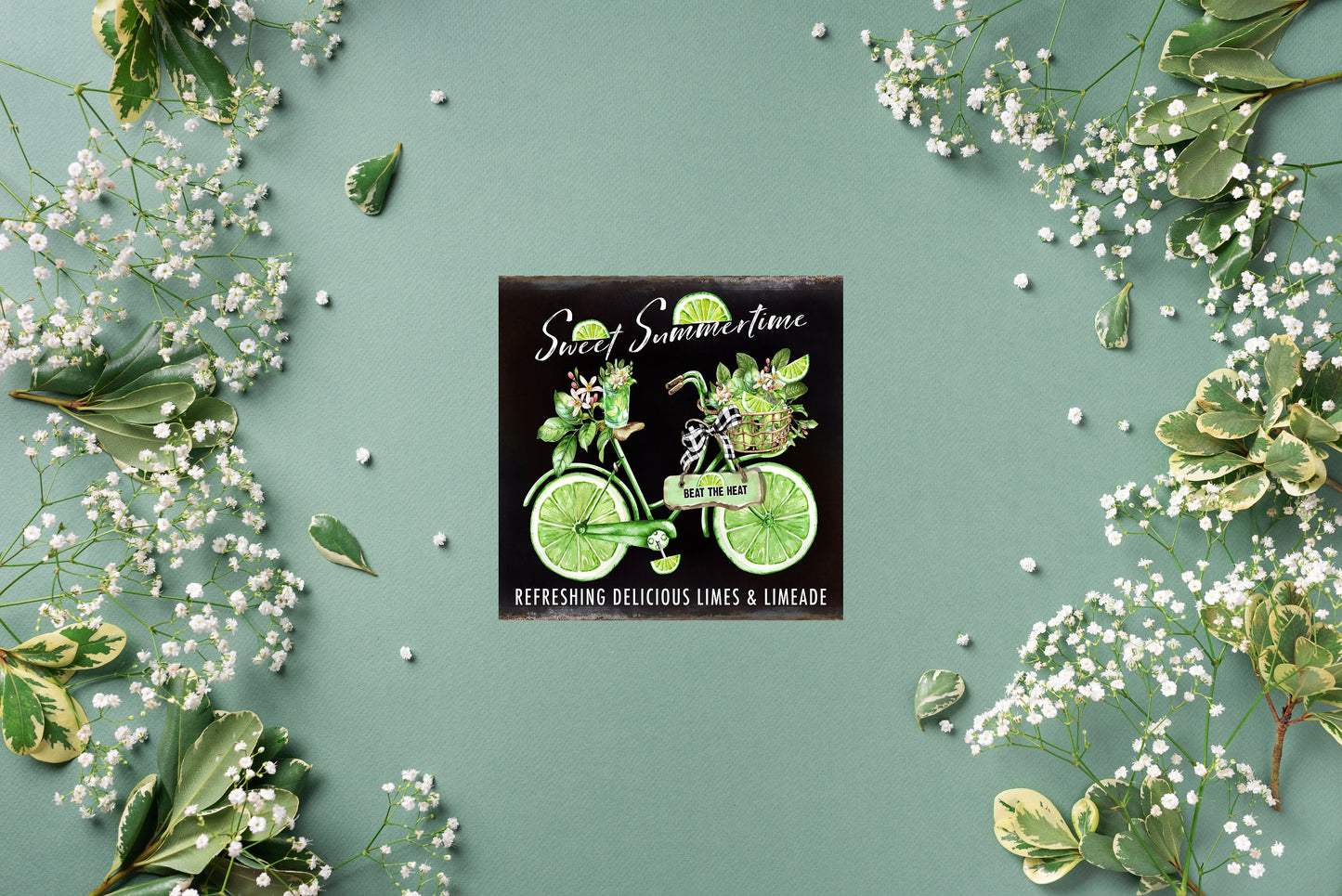 Dulce horario de verano, bicicleta de lima, mini letrero de madera hecho a mano impreso, decoración de bandeja de nivel, letrero de cocina, decoración de granja