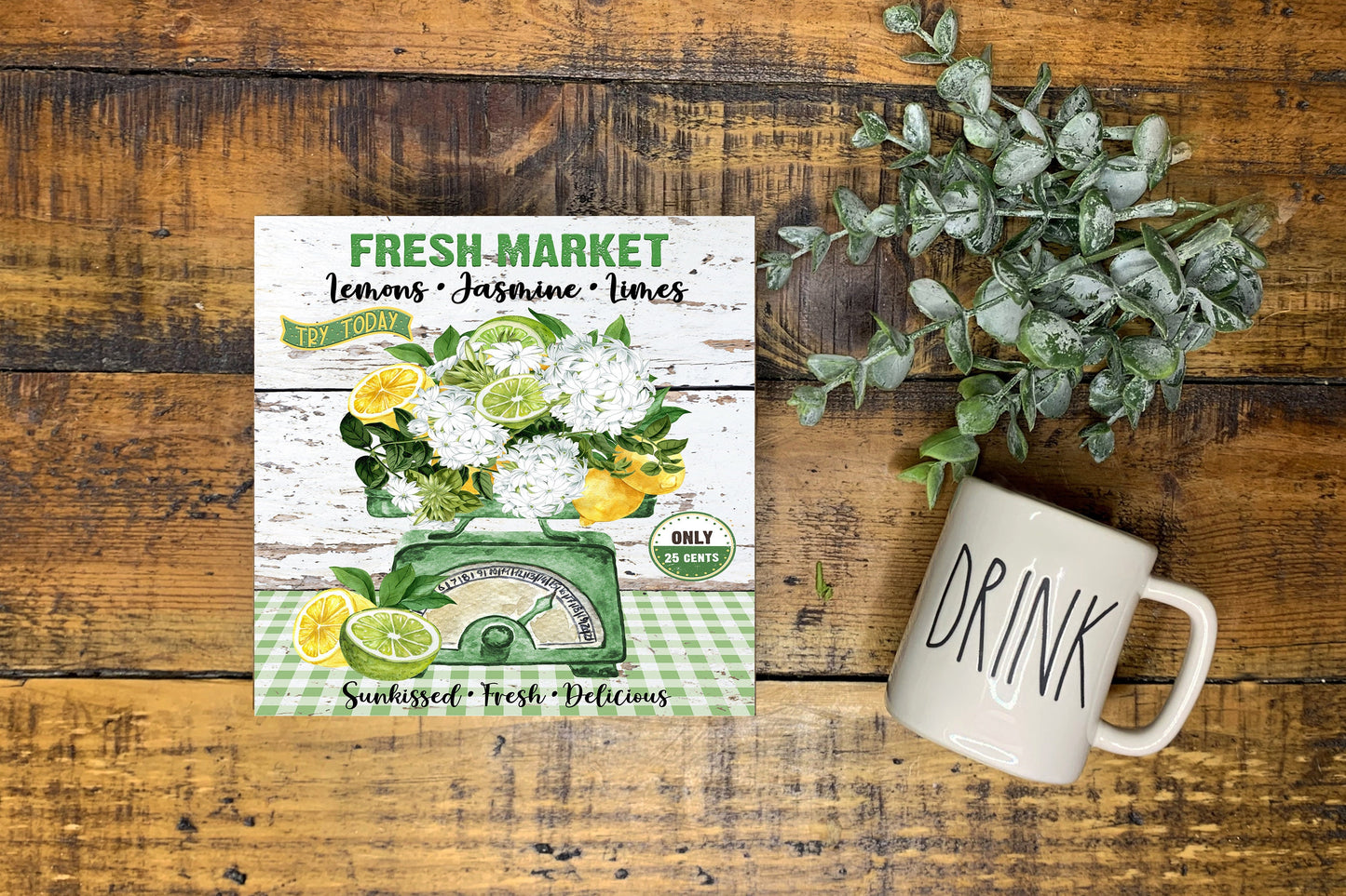 Fresh Market Lemon Jasmine Printed Handmade Wood Mini Sign, Tier Tray Decor, Kitchen Sign, Farmhouse Decor