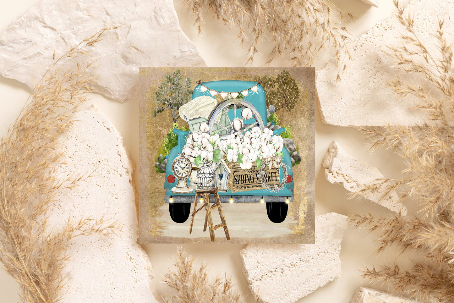 Spring Market Cotton Printed Handmade Wood Mini Sign, Tier Tray Decor, Kitchen Sign, Farmhouse Decor