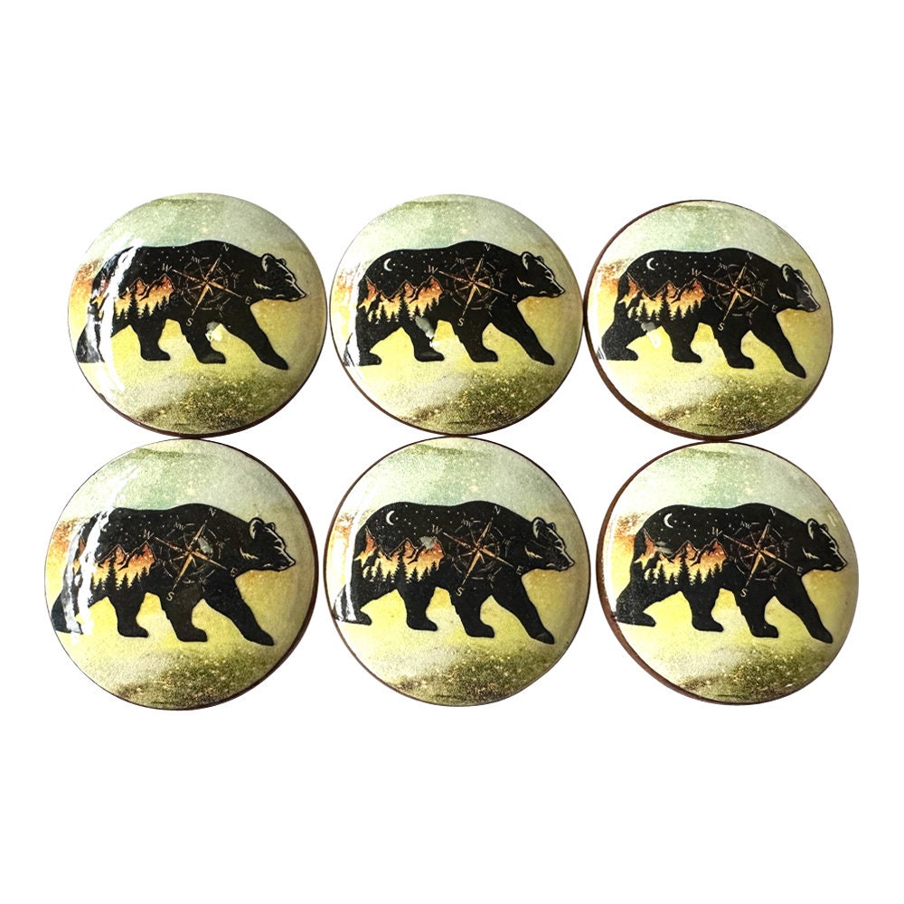 Set of 6 Compass Bear Wood Print Cabinet Knobs Drawer Knobs, Drawer Pull, Woodland Animals