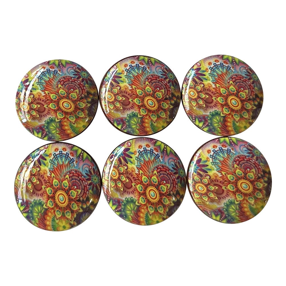 Set of Mod Flowers Wood Print Cabinet Knobs Drawer Knobs, Drawer Pull, Retro Decor