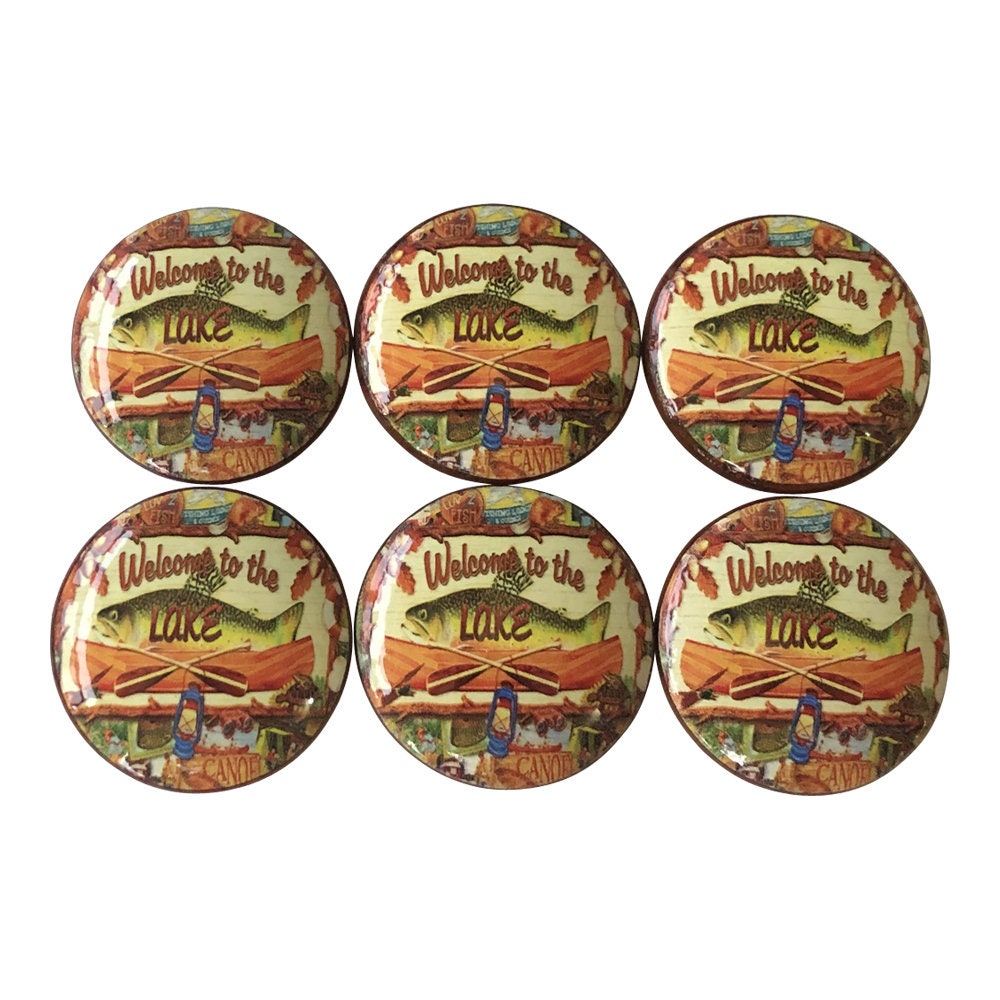 Set of 6 Welcome to the Lake Wood Cabinet Knobs Drawer Knobs, Drawer Pulls and Knobs, Lakehouse Decor