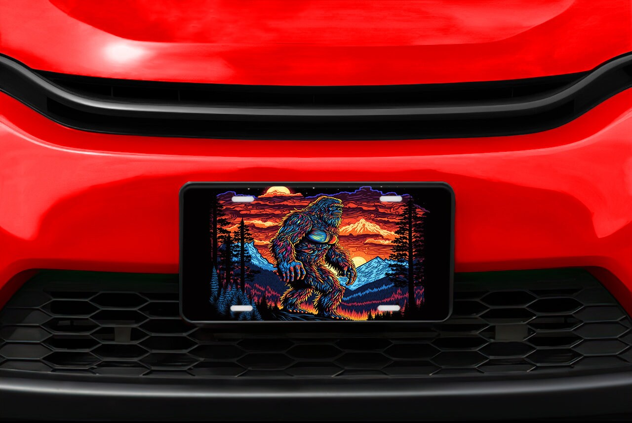 Bright Bigfoot Sasquatch Print Aluminum Front License Plate, Car Accessory, Vanity Plate