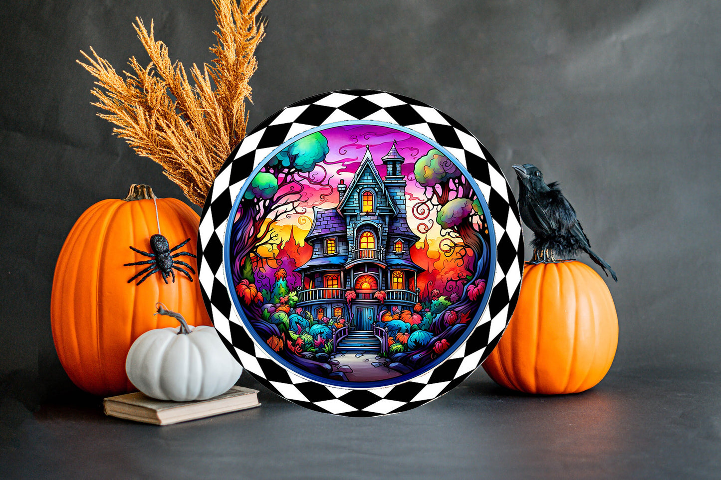 Neon Haunted House Halloween Round Hanging Wall Sign Wood Home Decor, Hippie Decor, Door Hanger, Wreath Sign,