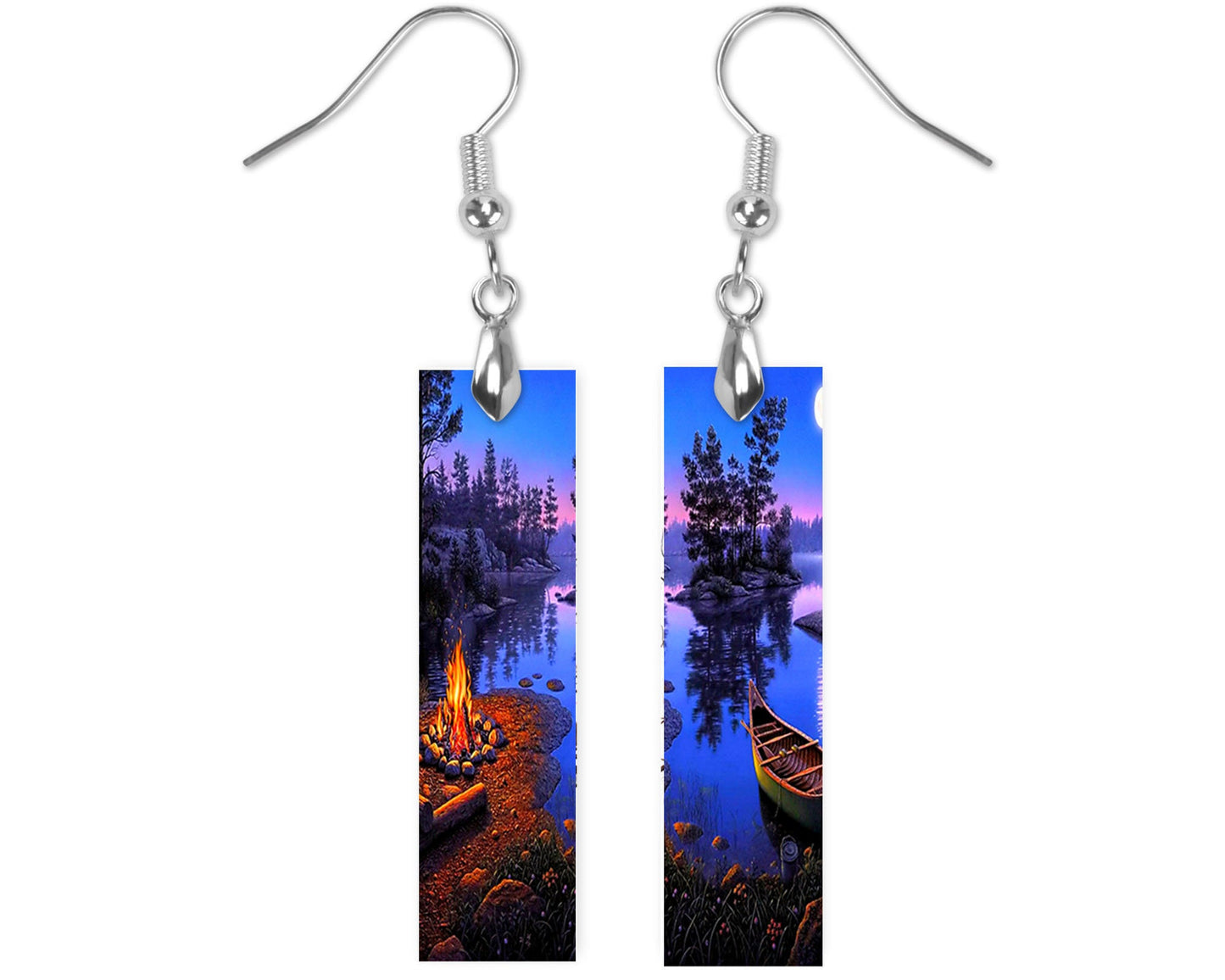 Lakeside Campfire Printed Wood Dangle Earrings Hypoallergenic Jewelry Handmade