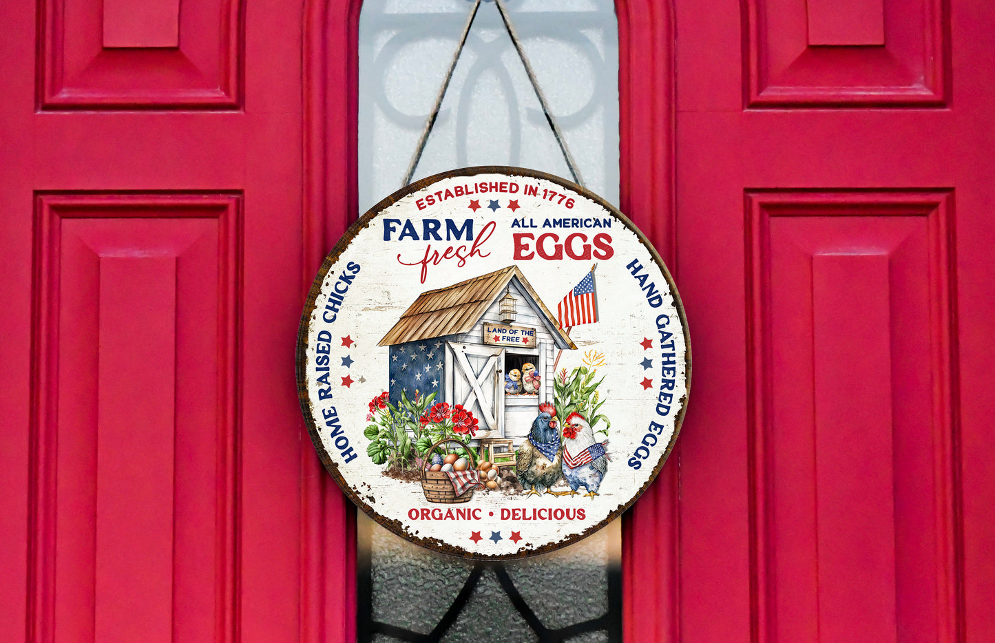 Letrero de madera hecho a mano con estampado redondo de All American Fresh Eggs, colgador de puerta, letrero de corona