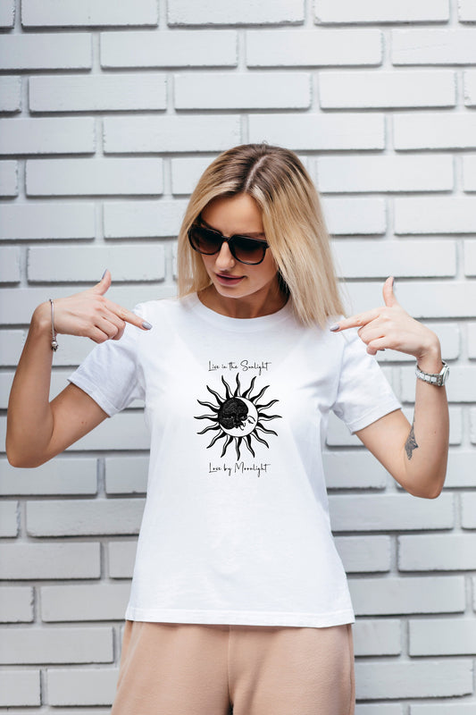 Live in the Sunlight, Love by Moonlight T Shirt, Tshirt, Graphic T's  100% Cotton Black White or Gray, Tee, Motivational,