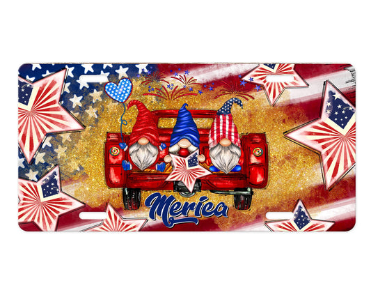 New Release Merica Gnomes Printed Aluminum Front License Plate, Car Accessory, Vanity Plate, Cute Car Tag