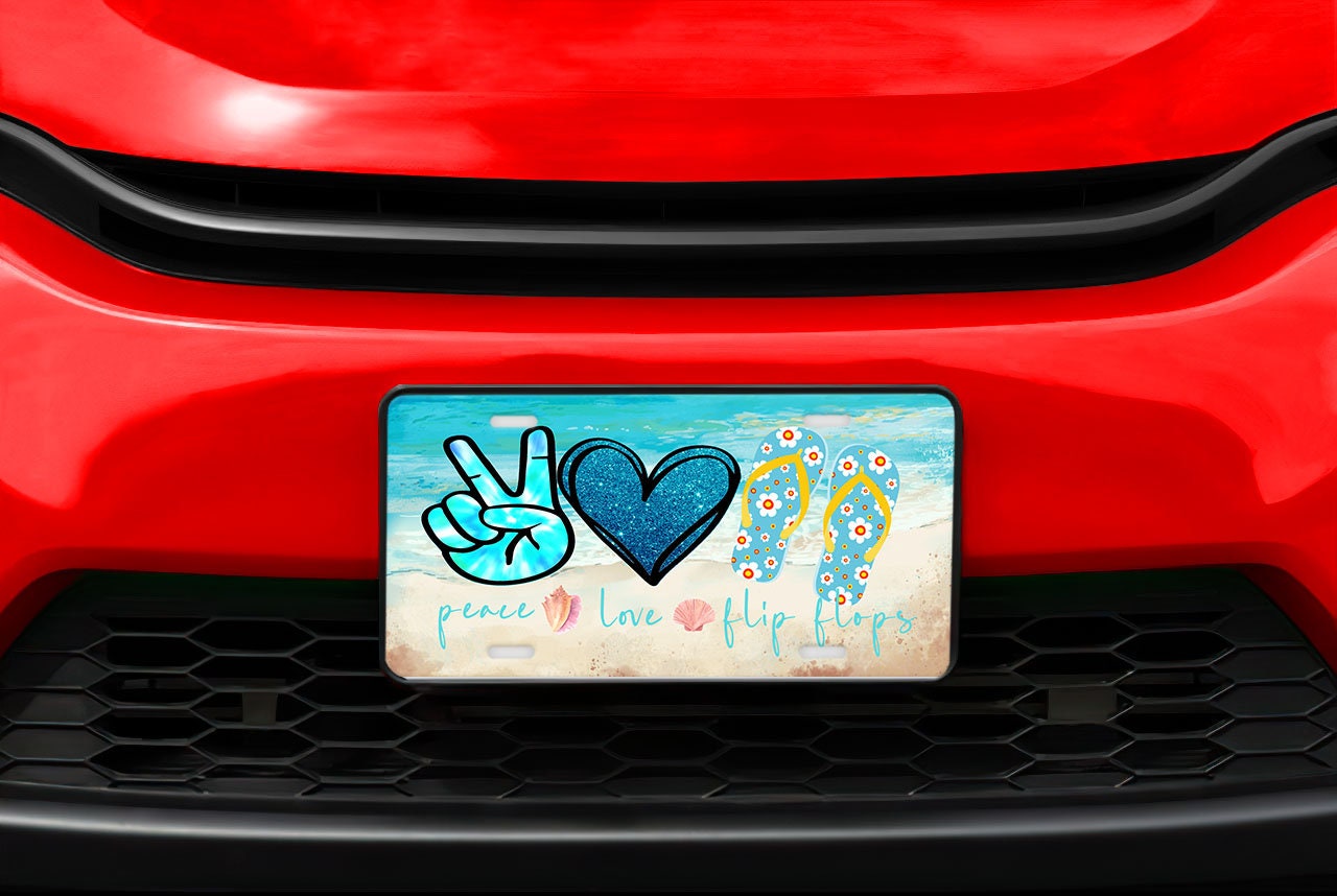Peace Love Flip Flops Aluminum Front License Plate, Vanity Plate, Car Accessory