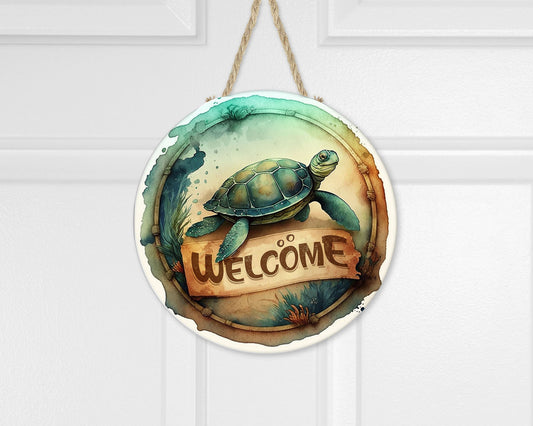 New Release Beach Welcome Sign, Sea Turtle Welcome Round Printed Handmade Wood Sign Farmhouse Door Hanger Wreath Sign, Coastal Decor