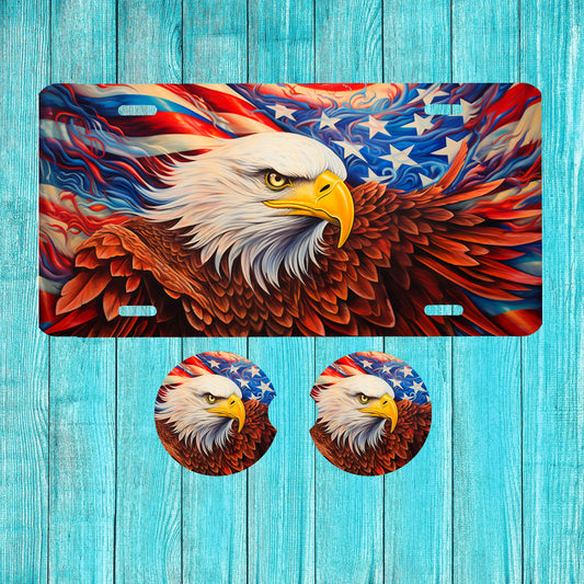 New Release, American Eagle Aluminum Front License Plate and Car Coaster Set, Vanity Plate, Car Accessories