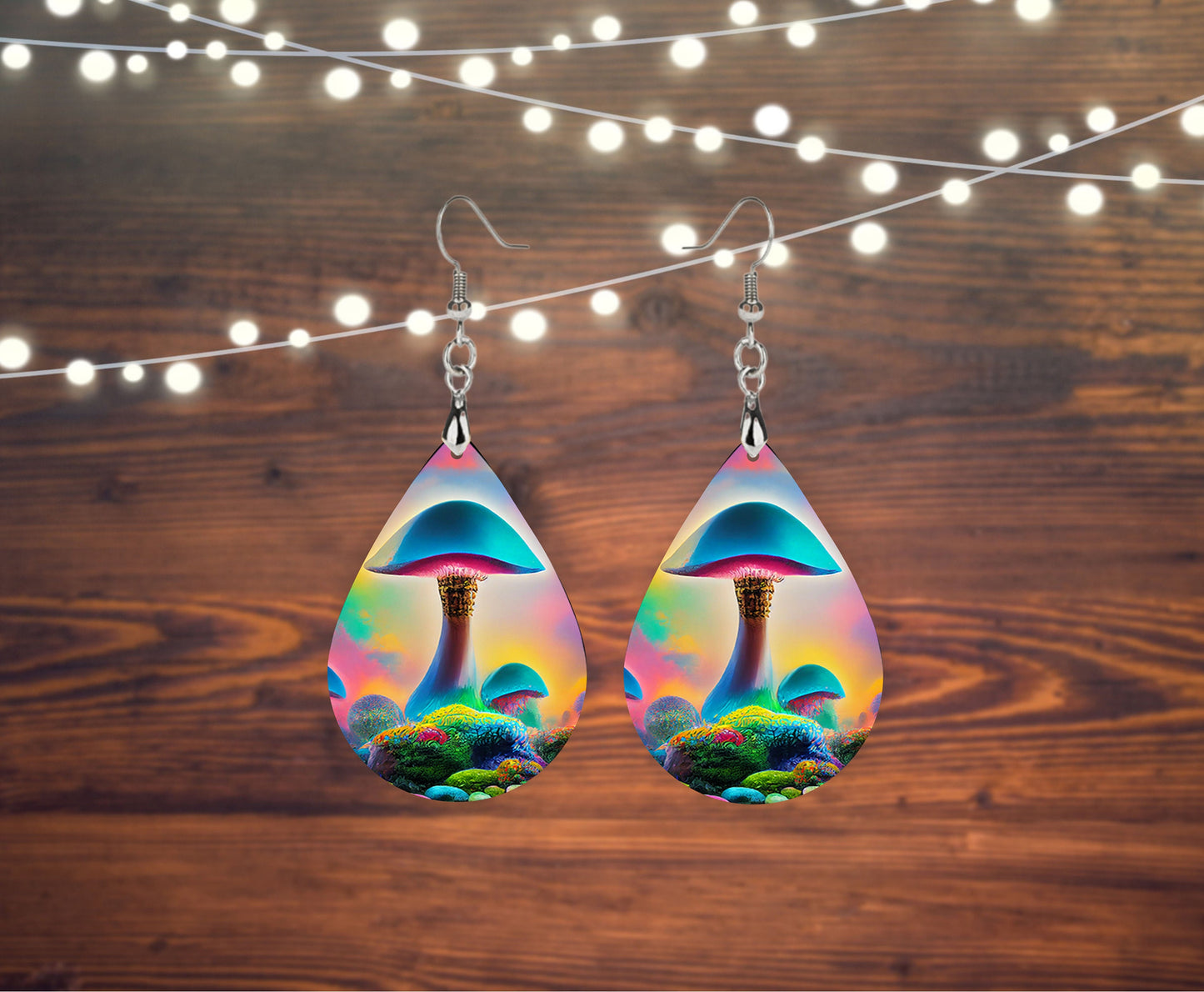 Psychedelic Mushroom Print Tear Drop Wood Dangle Earrings Hypoallergenic