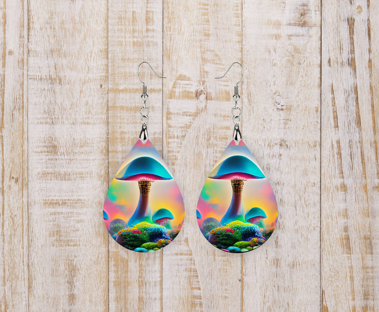 Psychedelic Mushroom Print Tear Drop Wood Dangle Earrings Hypoallergenic