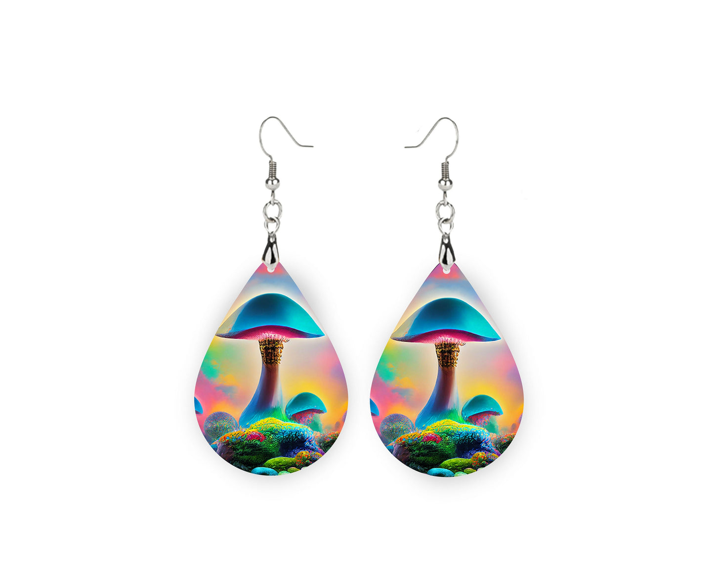 Psychedelic Mushroom Print Tear Drop Wood Dangle Earrings Hypoallergenic