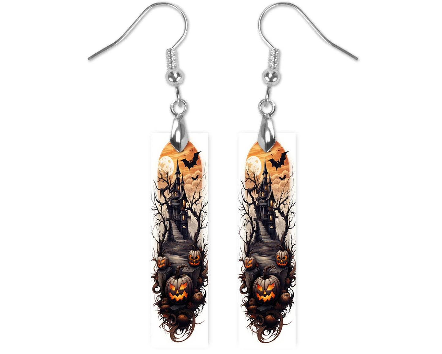 Haunted Castle Halloween Printed Wood Dangle Earrings Hypoallergenic Jewelry Handmade