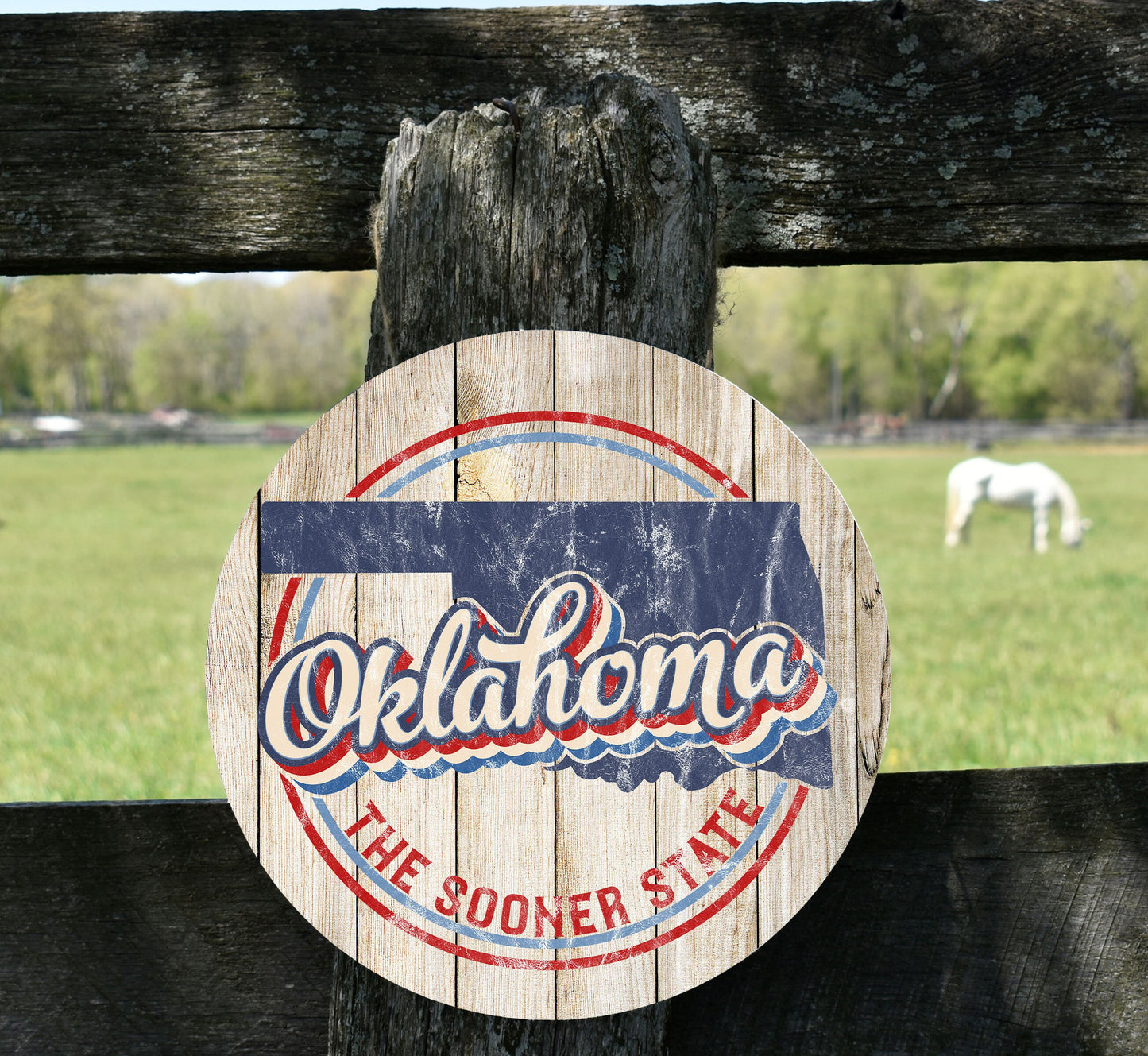 Oklahoma The Sooner State Round Printed Handmade Wood Sign Farmhouse Door Hanger Wreath Sign