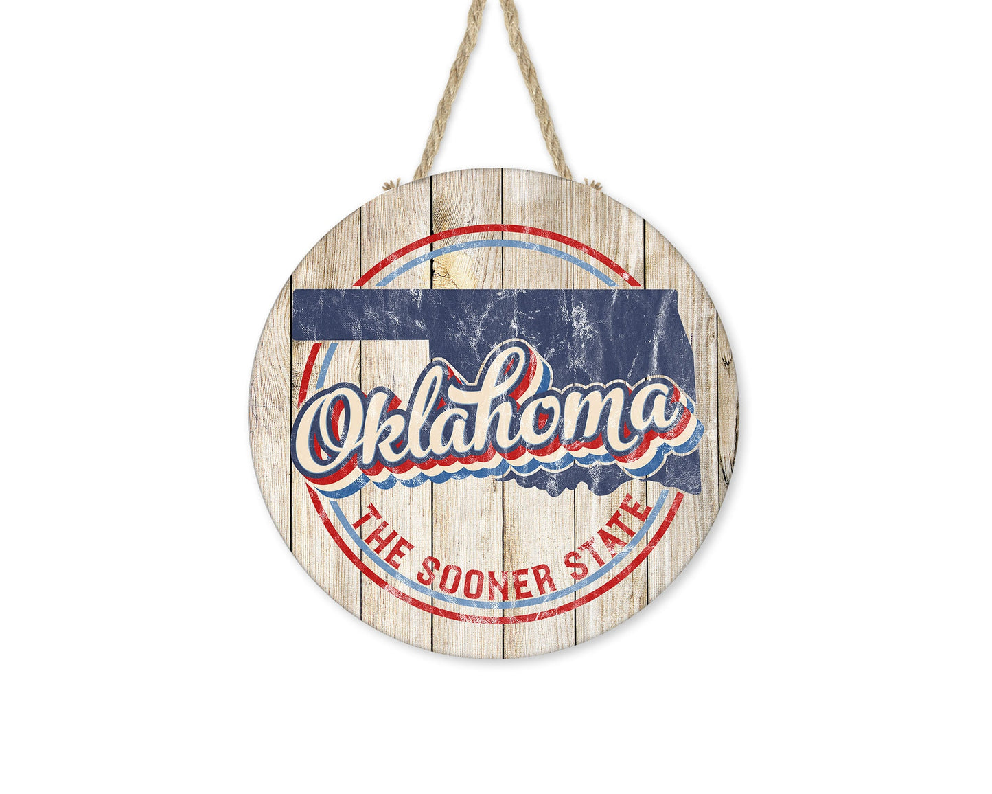 Oklahoma The Sooner State Round Printed Handmade Wood Sign Farmhouse Door Hanger Wreath Sign