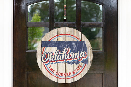 Oklahoma The Sooner State Round Printed Handmade Wood Sign Farmhouse Door Hanger Wreath Sign