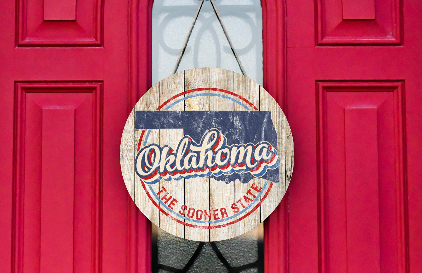 Oklahoma The Sooner State Round Printed Handmade Wood Sign Farmhouse Door Hanger Wreath Sign