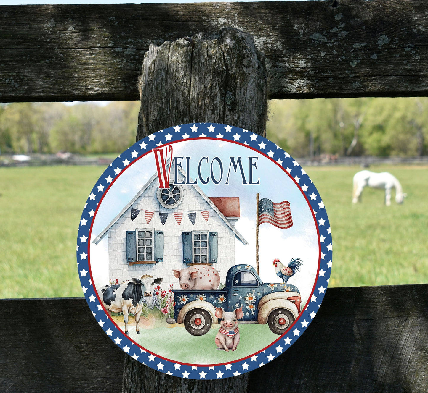 Patriotic Farmhouse Welcome Round Printed Handmade Wood Sign Farmhouse Door Hanger Wreath Sign