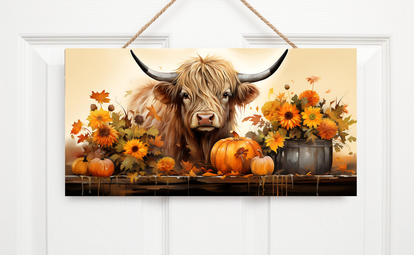 Fall Highland Cow Decor Printed Handmade Wood Sign, Wreath Sign, Door Hanger, Fall Wall Sign