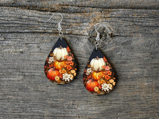 Pumpkin Stack Print Tear Drop Wood Dangle Earrings Hypoallergenic Jewelry