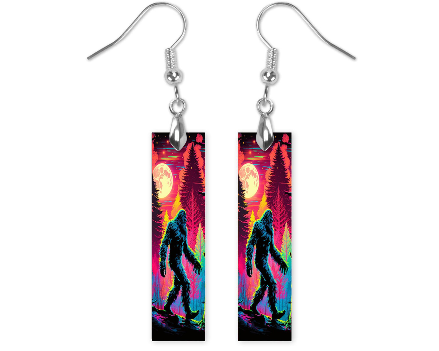 Neon Forest Bigfoot Printed Wood Dangle Earrings Hypoallergenic Jewelry Handmade