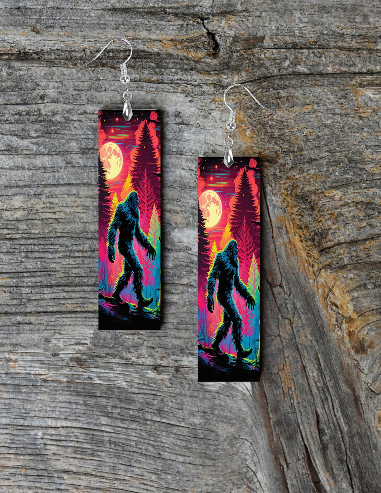 Neon Forest Bigfoot Printed Wood Dangle Earrings Hypoallergenic Jewelry Handmade