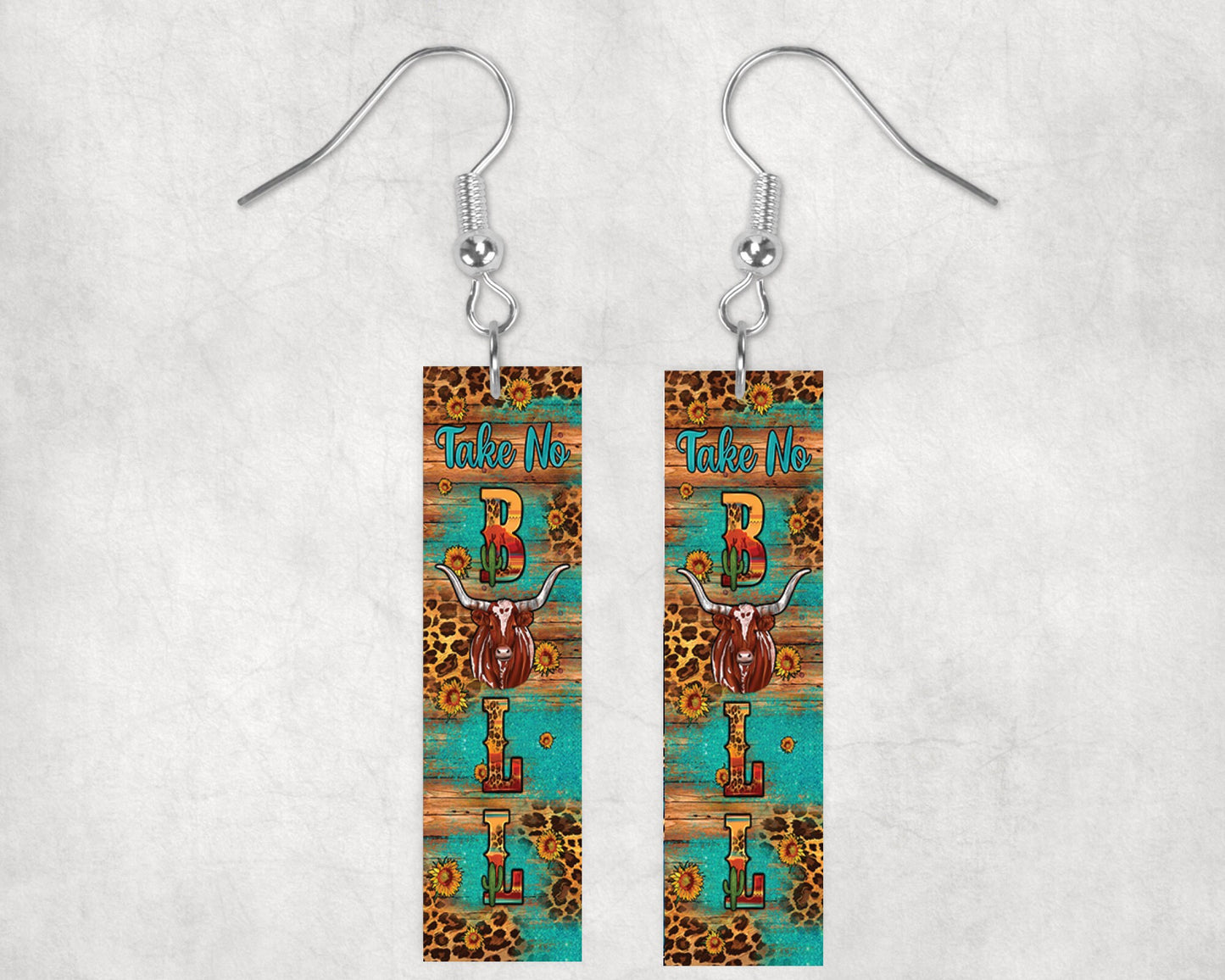 Western Take No Bull Printed Wood Dangle Earrings Hypoallergenic Jewelry Handmade