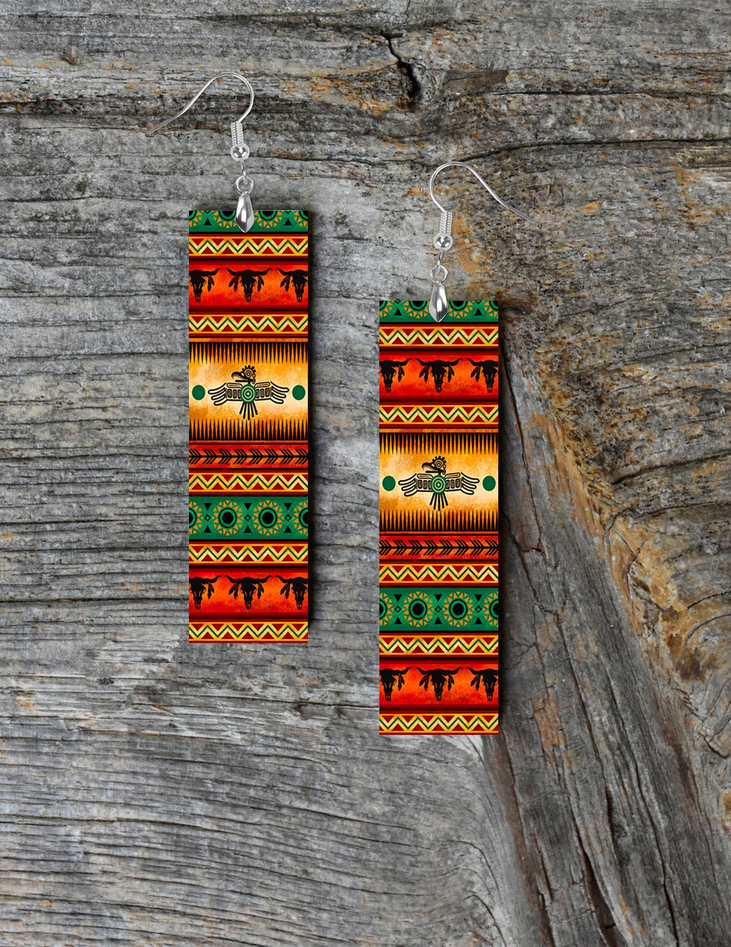 Earrings, Aztec Thunderbird Tribal Bar Dangle Printed Earrings Jewelry Handmade