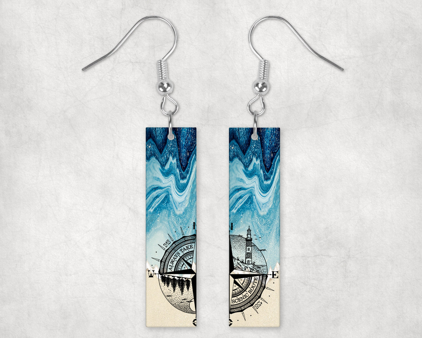 Earrings, Beach Always Take the Scenic Route Bar Dangle Printed Earrings Jewelry Handmade