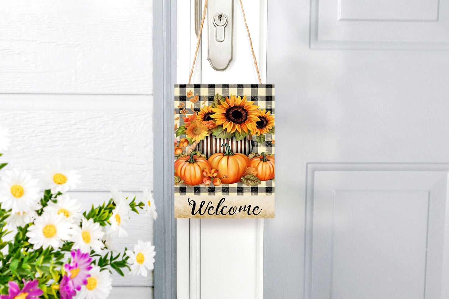 Fall Decor, Fall Sign, Pumpkins and Sunflowers Welcome Farmhouse Decor Printed Handmade Wood Sign Door Hanger Sign