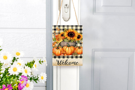 Fall Decor, Fall Sign, Pumpkins and Sunflowers Welcome Farmhouse Decor Printed Handmade Wood Sign Door Hanger Sign