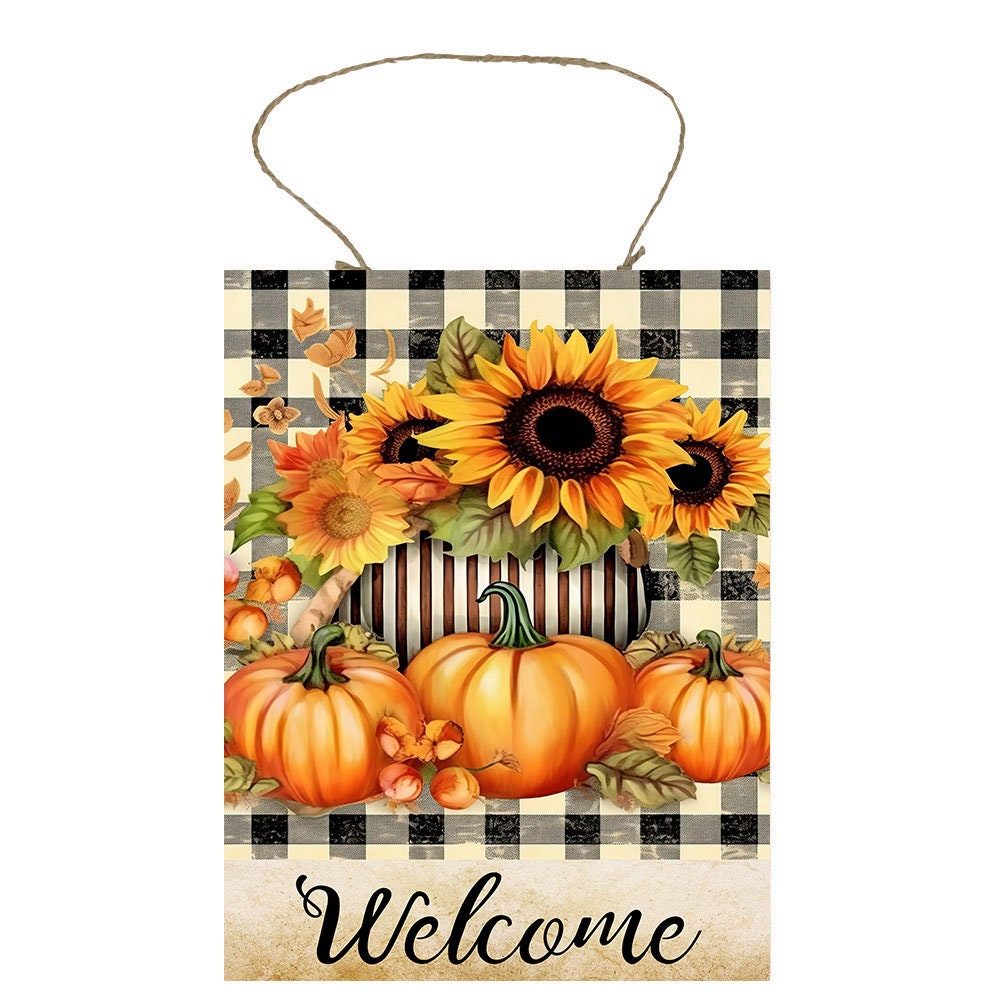 Fall Decor, Fall Sign, Pumpkins and Sunflowers Welcome Farmhouse Decor Printed Handmade Wood Sign Door Hanger Sign