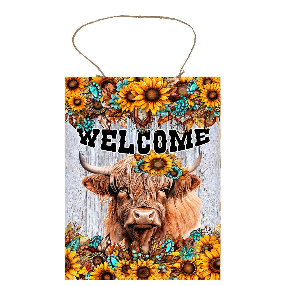 Western Welcome Sign Highland Cow Turquoise and sunflower Welcome Hanging Wall Sign Wood Home Decor, Door Hanger, Wreath Sign