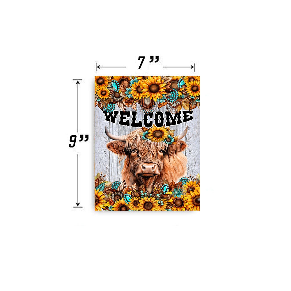 Western Welcome Sign Highland Cow Turquoise and sunflower Welcome Hanging Wall Sign Wood Home Decor, Door Hanger, Wreath Sign