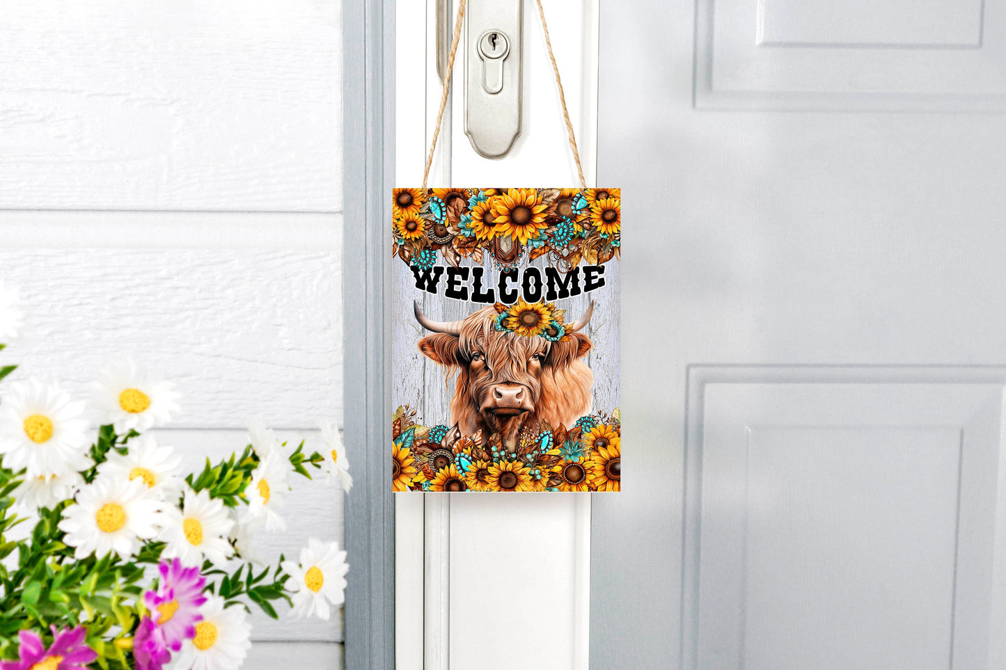 Western Welcome Sign Highland Cow Turquoise and sunflower Welcome Hanging Wall Sign Wood Home Decor, Door Hanger, Wreath Sign