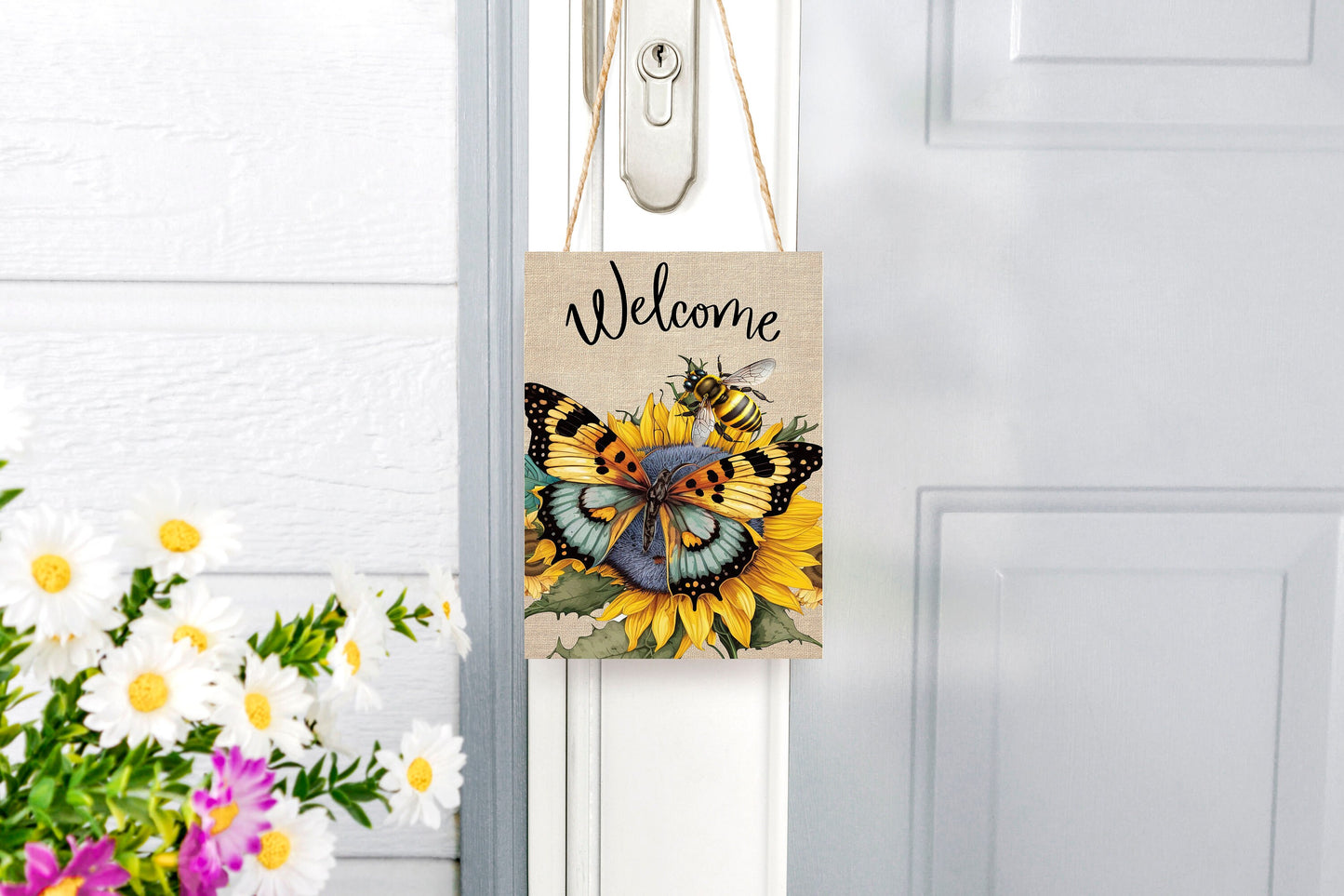 Wall Decor, Welcome Sign,  Butterfly Bee Welcome Farmhouse Decor Printed Handmade Wood Sign Door Hanger Sign